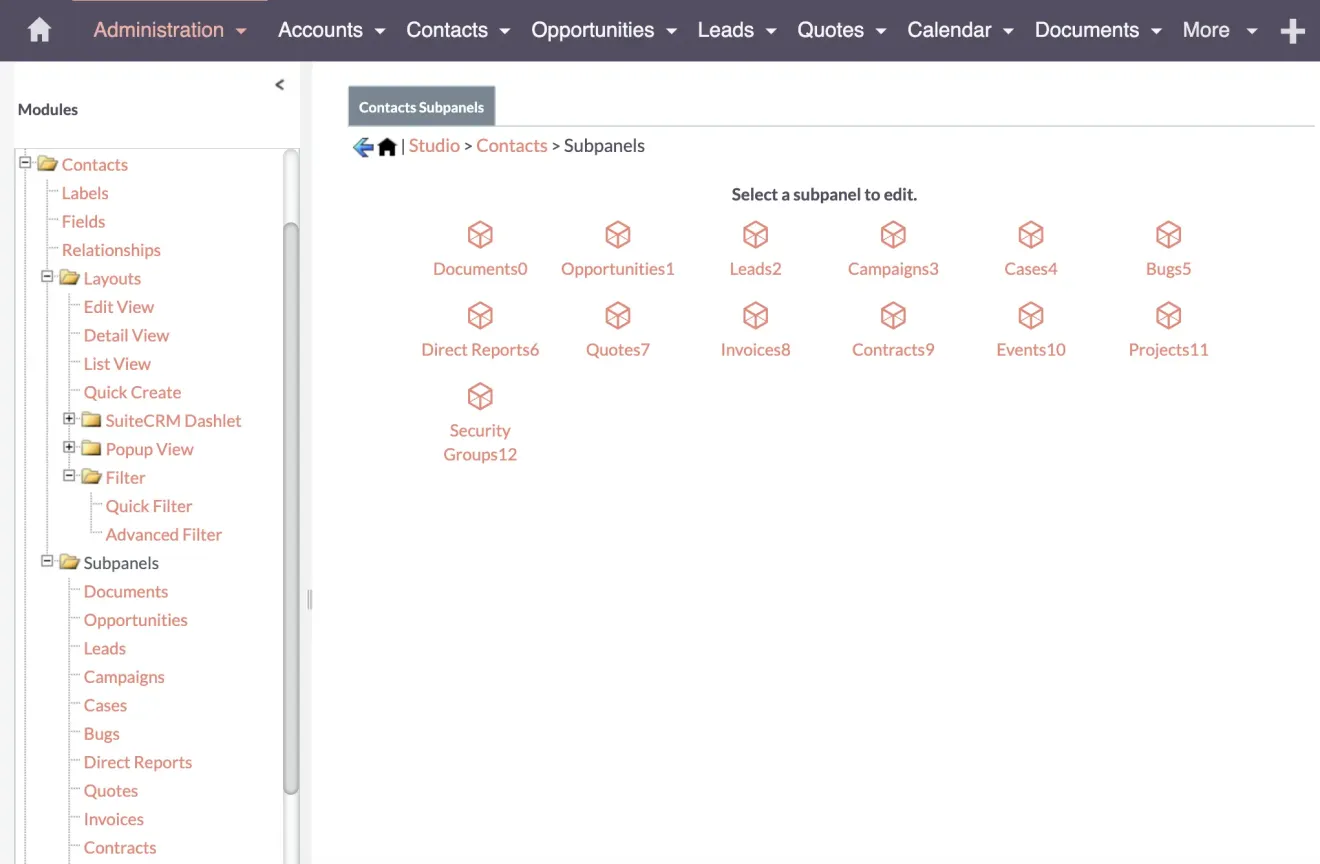 SuiteCRM Admin Contacts Subpanels