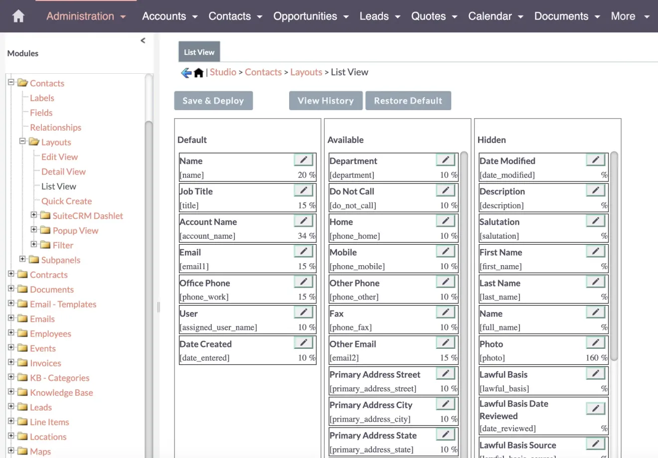 SuiteCRM contacts list view