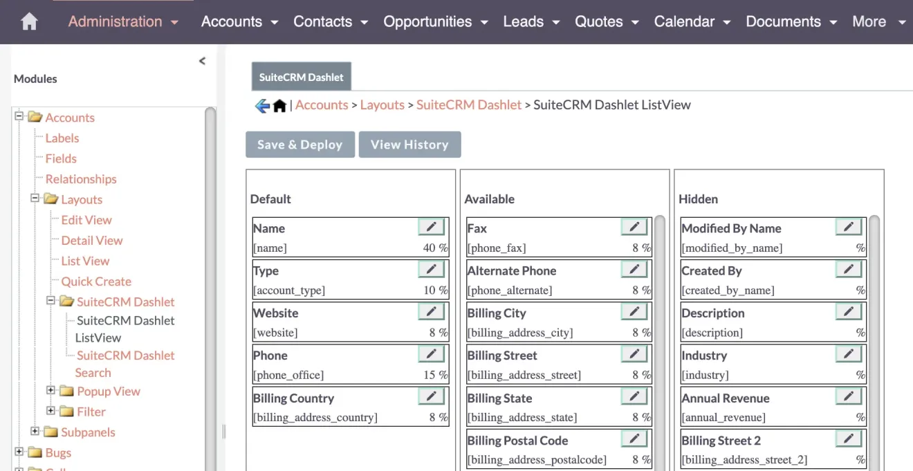 SuiteCRM dashlet list