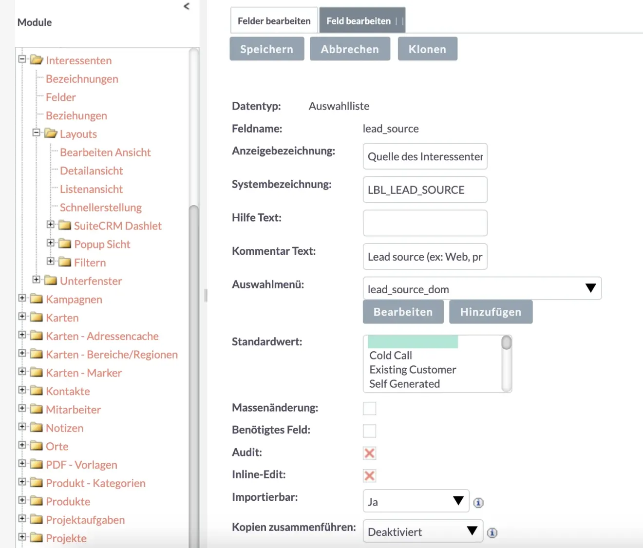 SuiteCRM dropdown liste bearbeiten