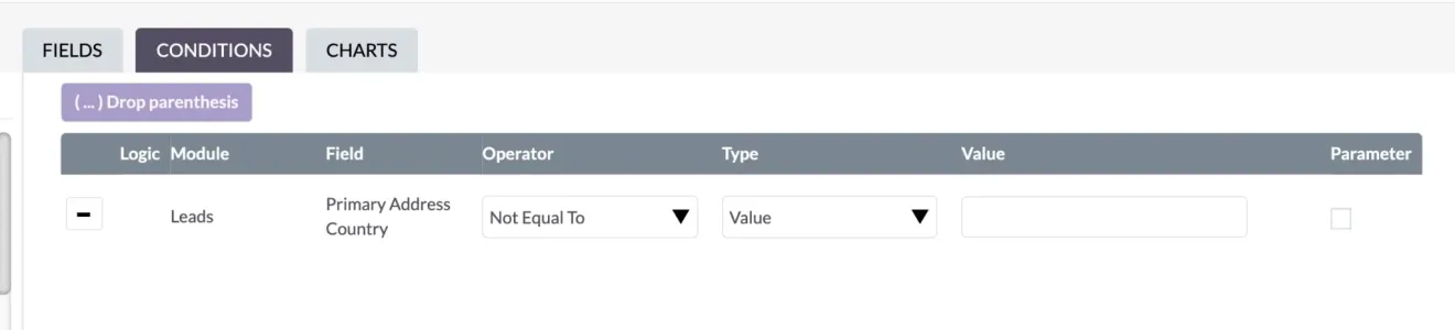 suitecrm report condition primary address country