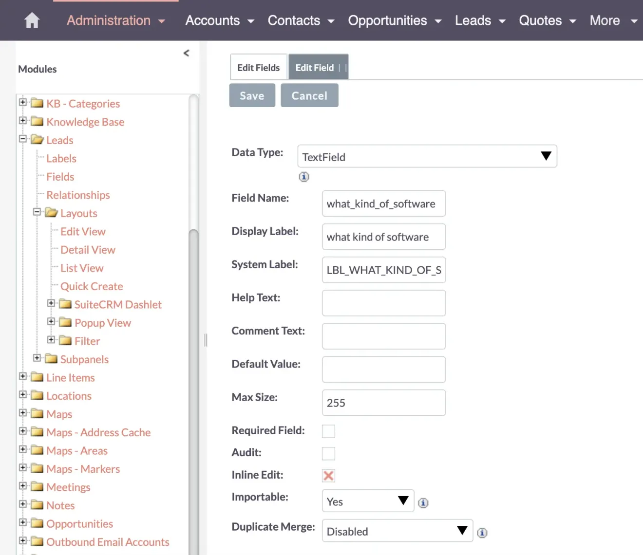 SuiteCRM TextField