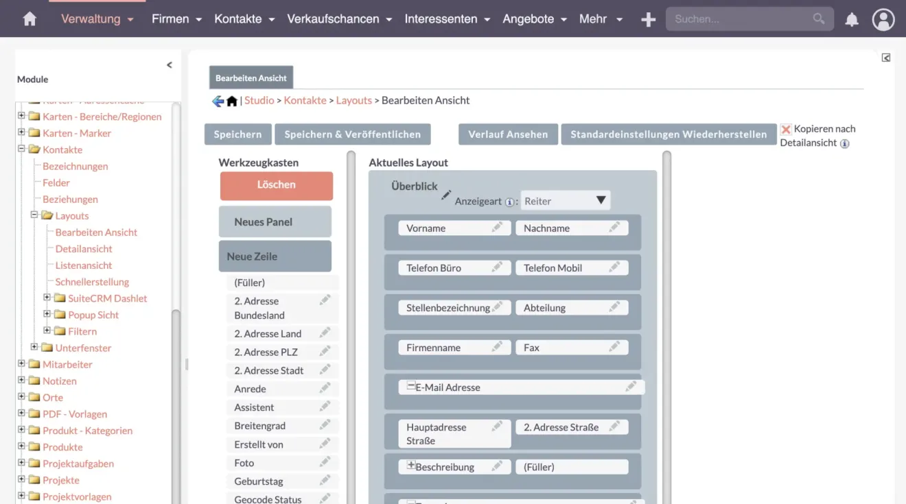 suitecrm bearbeiten ansicht kontakte backend