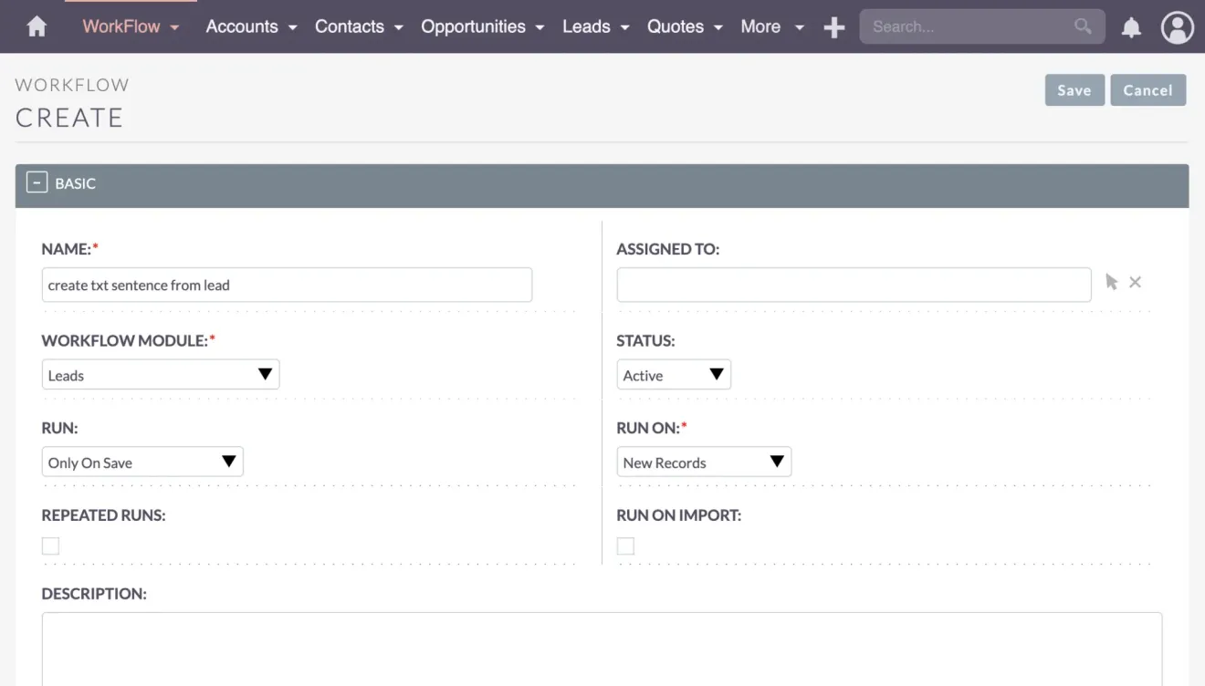SuiteCRM workflow header information and fields