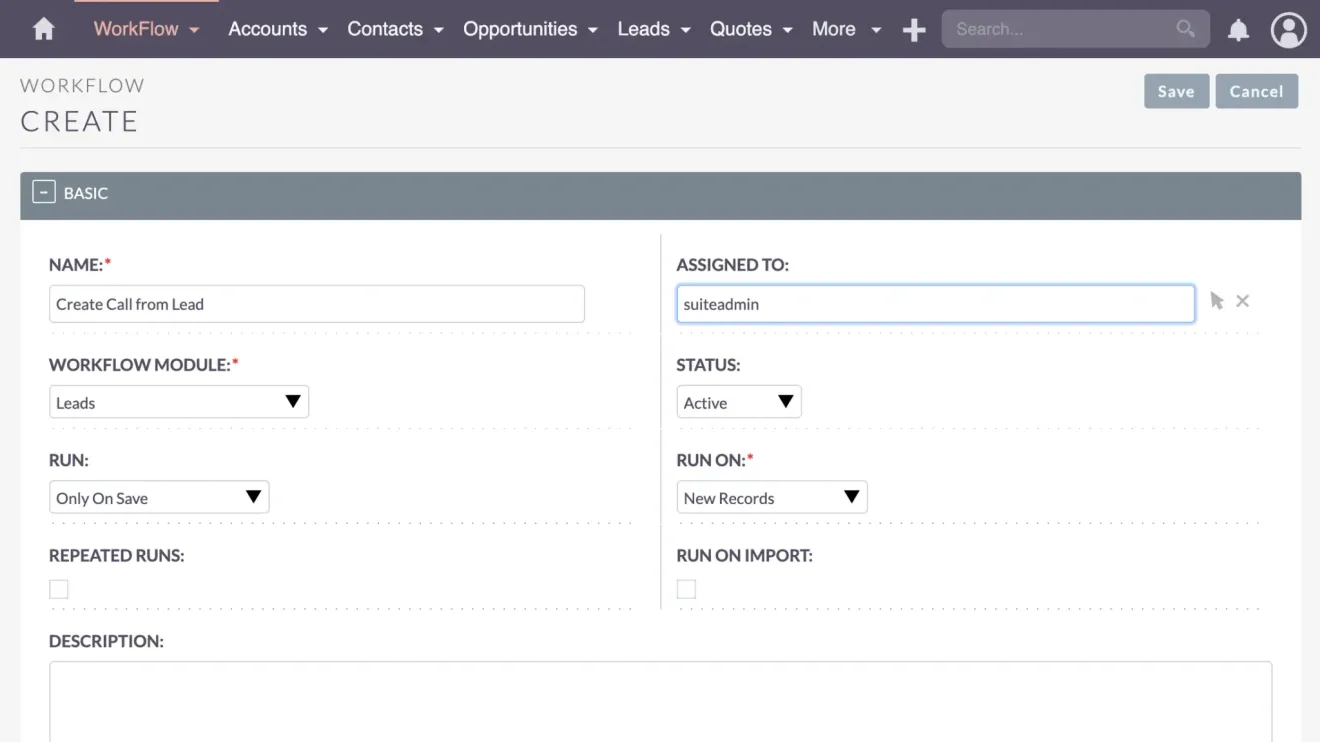 SuiteCRM Create Workflow