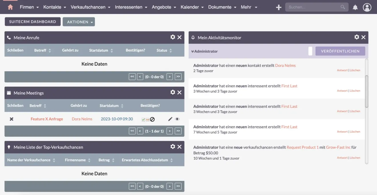 suitecrm dashlet ansicht