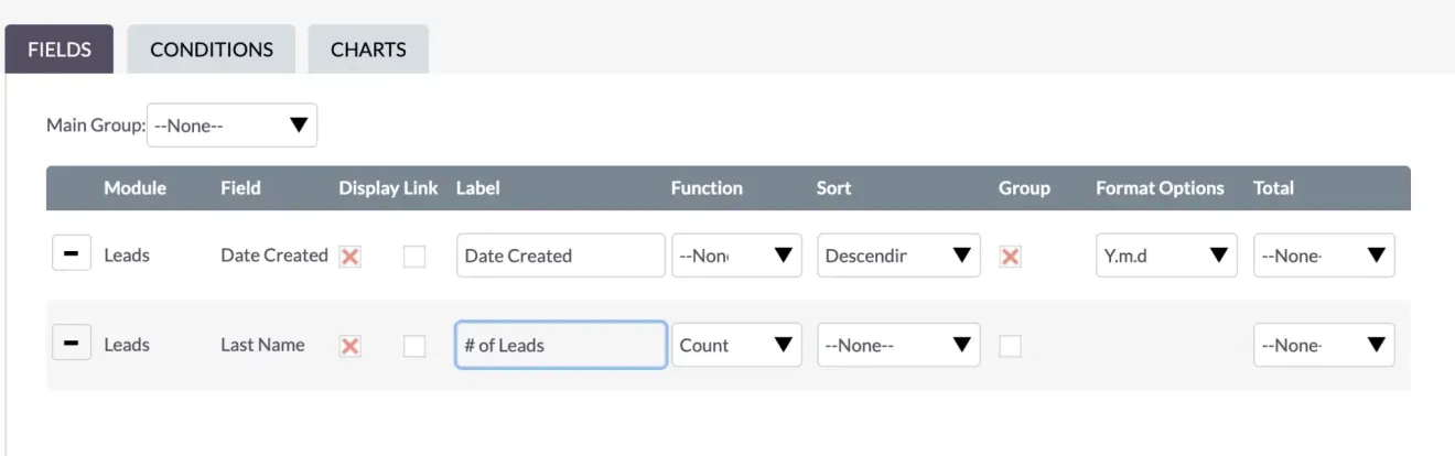suitecrm reports change label to number of leads