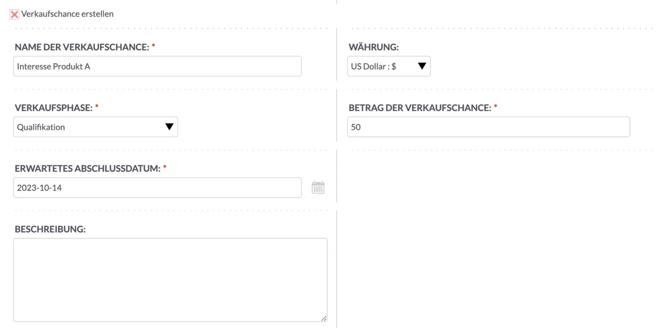 SuiteCRM Verkaufschance erstellen