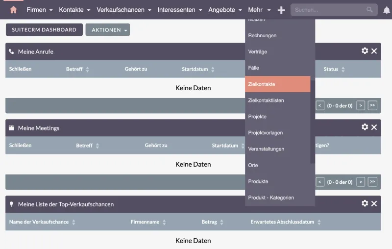 SuiteCRM Zielkontakten, Interessenten, Kontakten, Firmen und Verkaufschancen